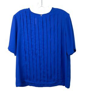 Vintage JORDAN Womans 12 Royal Blue Pleated Front Half Sleeve Button Back Blouse
